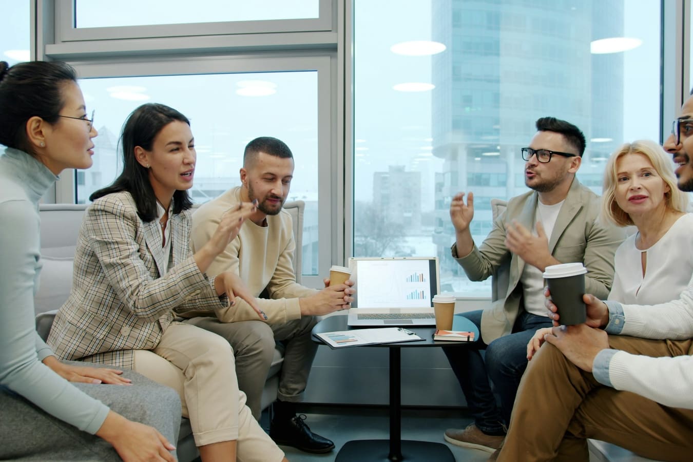 A diverse team in discussion in a modern office